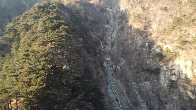 Aerial view of the steps leading up Mount Tai (Taishan Mountain) in China
