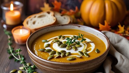 Creamy Pumpkin Soup Topaz Garnish Autumn Setting creamy soup