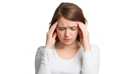 Young woman is having a bad headache, experiencing a migraine or stress, touching her temples with closed eyes, isolated on transparent background