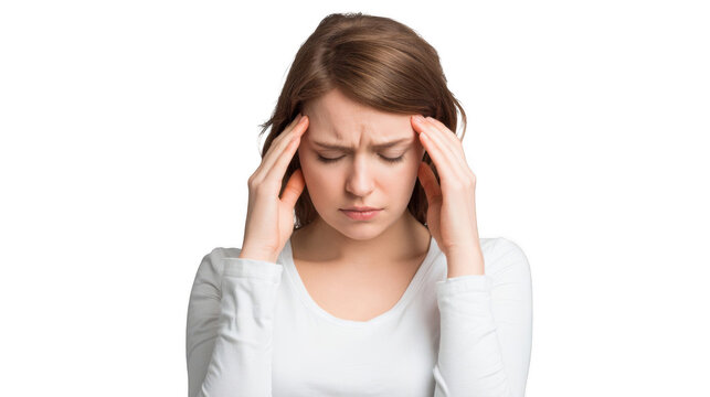 Young woman is having a bad headache, experiencing a migraine or stress, touching her temples with closed eyes, isolated on transparent background