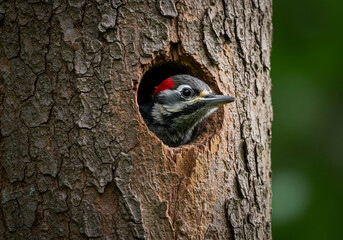 Obraz premium Young Downy Woodpecker Peeking from Tree Hole - Wildlife Photo