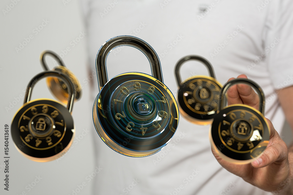 Poster Image of multiple combination locks in the air.  Perfect for security, safety, and privacy concepts.