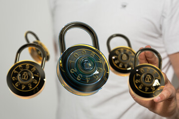 Image of multiple combination locks in the air.  Perfect for security, safety, and privacy concepts.