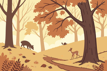 Autumn forest scene with deer and fallen leaves