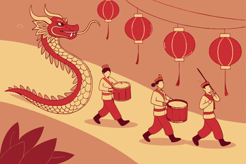 Chinese new year dragon parade with drummers