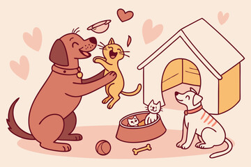 Happy dogs and cats playing together in a dog house