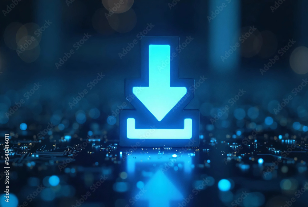 Poster glowing blue download icon with arrow and horizontal line on a digital abstract background, represen