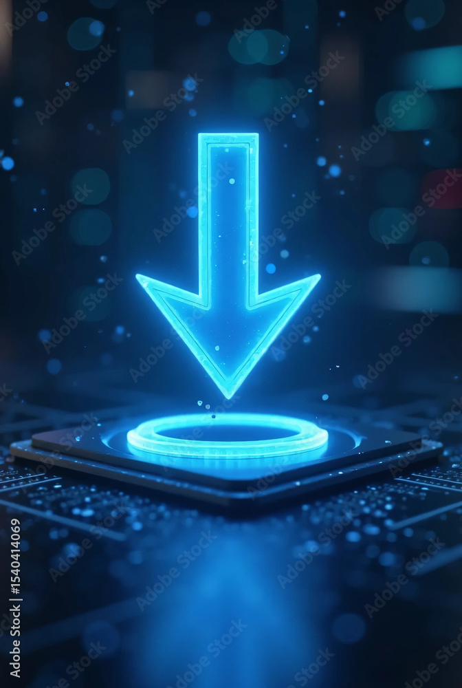 Poster glowing blue arrow pointing downward above a luminous circular platform in a futuristic digital envi