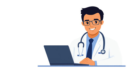 Smiling male doctor is working on a laptop with stethoscope and wearing glasses.