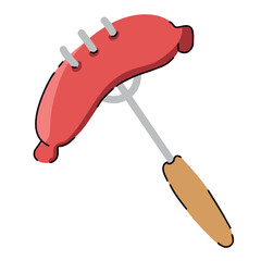 Bright vector sausage on a fork. We cooked over a campfire, a camping lunch and a flat cartoon-style dinner. Postcard, icon, sticker.