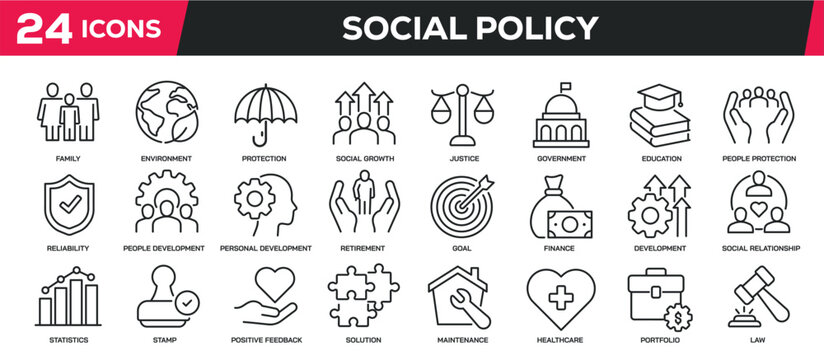 Set of collection line icons related social policy, public, government. Editable stroke. Perfect pixel on transparent background