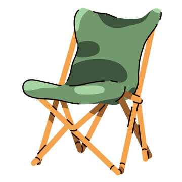 Bright vector folding chair, comfortable to sit in hiking, comfort in the forest. vivid events, wildlife. Flat cartoon style. Postcard, icon, sticker.