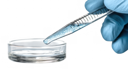 Close up of gloved hand dripping blue chemical liquid from graduated pipette into petri dish on a transparent background in laboratory setting, conducting scientific experiment or medical research