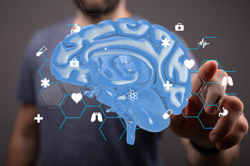 Digital brain with medical icons.  Healthcare, technology, innovation concept.