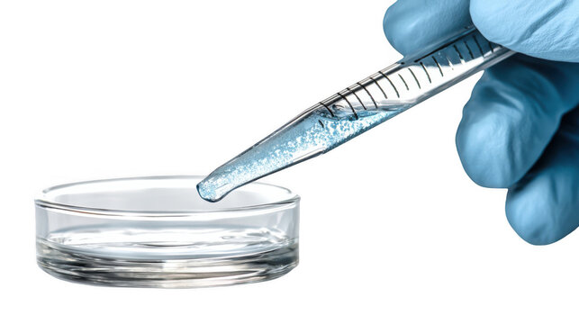 Close up of gloved hand dripping blue chemical liquid from graduated pipette into petri dish on a transparent background in laboratory setting, conducting scientific experiment or medical research