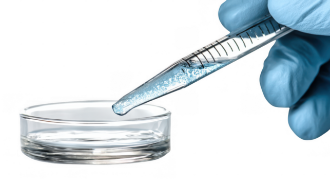 Close up of gloved hand dripping blue chemical liquid from graduated pipette into petri dish on a transparent background in laboratory setting, conducting scientific experiment or medical research