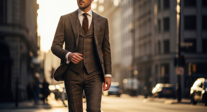 Professional businessman in elegant three piece suit walking on urban city street