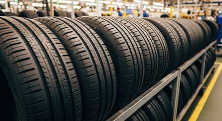 New black car tires neatly arranged on a metal rack in an automotive factory