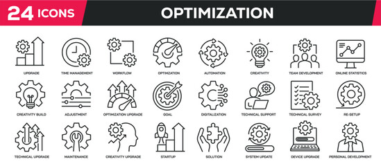Set of collection line icons related optimization, efficiency, improvement, performance. Editable stroke. Perfect pixel on transparent background