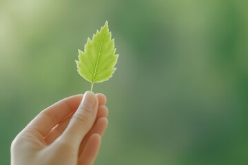 A hand holding a leaf in a green background.