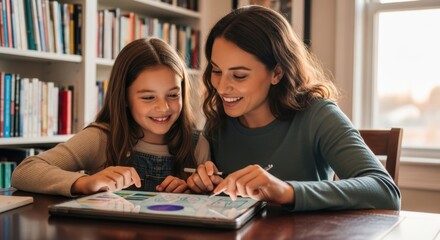 Joyful woman and young girl using a digital tablet for interactive learning at home.