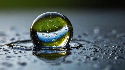 Macro Shot of Water Drop Reflecting Natural Surroundings on a Smooth Surface