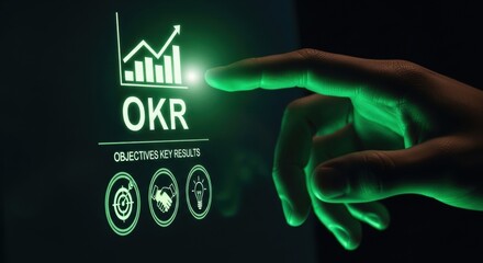 Man hand interacting with digital screen displaying okr objectives and growth