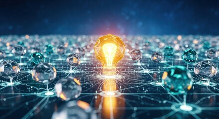 Obraz premium Glowing light bulb representing a unique idea within a futuristic network connection