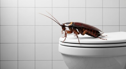 Large cockroach perched on a white toilet seat in a clean bathroom
