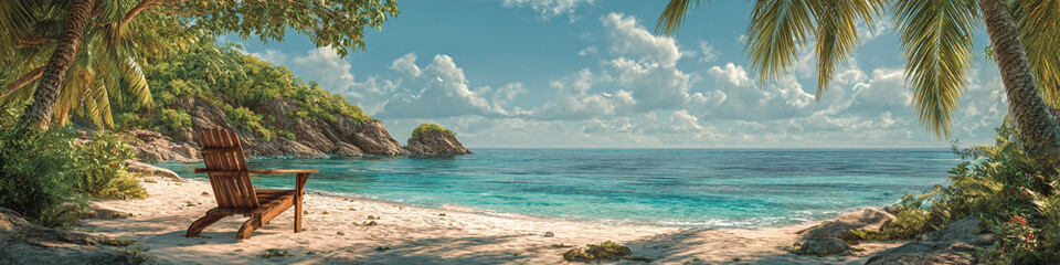 Fototapeta premium A serene beach scene with a wooden chair, palm trees, and turquoise water under a cloudy sky