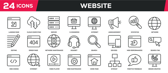 Set of collection line icons related website, interface, online. Editable stroke. Perfect pixel on transparent background