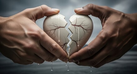Two diverse hands holding a broken heart shaped eggshell symbolizing loss and fragile relationships