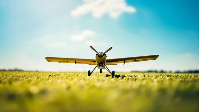 Aircraft modeling. A small plane is flying over a field of grass. The plane is white and has a yellow stripe