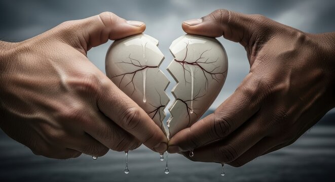 Two diverse hands holding a broken heart shaped eggshell symbolizing loss and fragile relationships