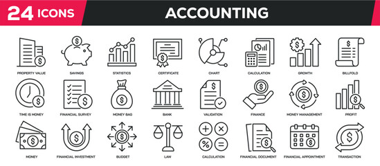 Set of collection line icons related accounting, banking, finance. Editable stroke. Perfect pixel on transparent background