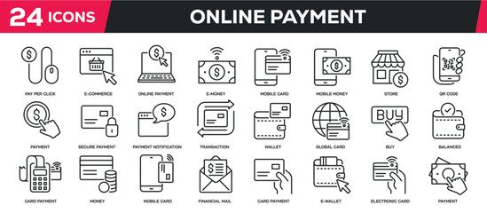 Set of collection line icons related online payment, credit card, cashless. Editable stroke. Perfect pixel on transparent background