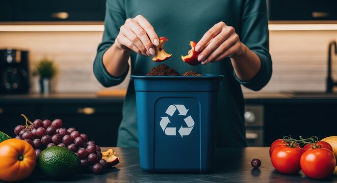 Woman composting organic food waste in a kitchen with fresh produce on the counter - Powered by Adobe