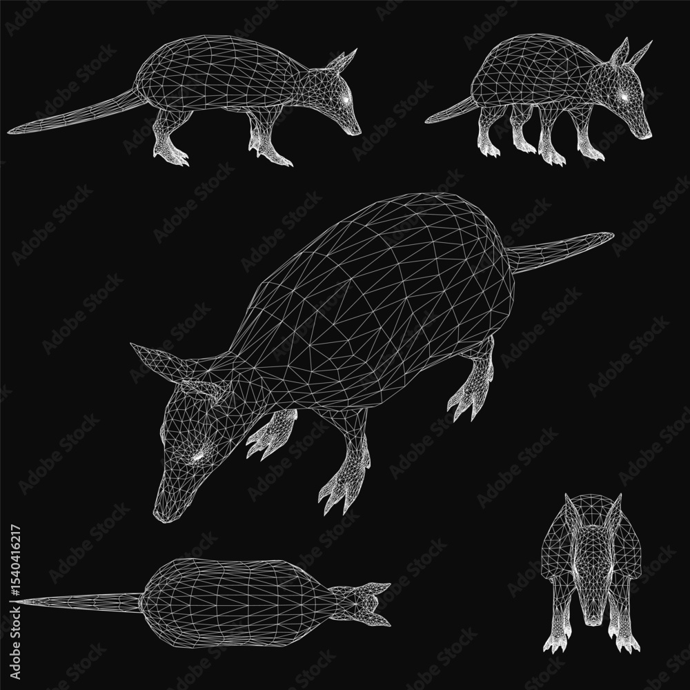 Poster armadillo 3d wireframe model with realistic details, showcasing the animal's segmented shell and tex
