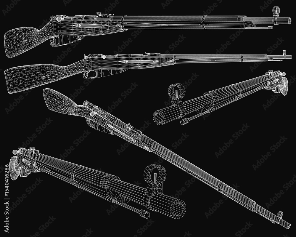 Poster antique rifle blueprint in 3d, showcasing intricate mechanical details and realistic curves on a sle