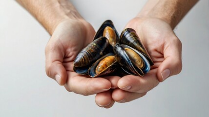 Close-Up of Hands Holding Fresh Mussels Against White Background