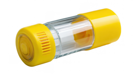 Yellow pediatric asthma inhaler chamber lying horizontally with transparent background, promoting respiratory health and providing essential aid for young patients managing asthma