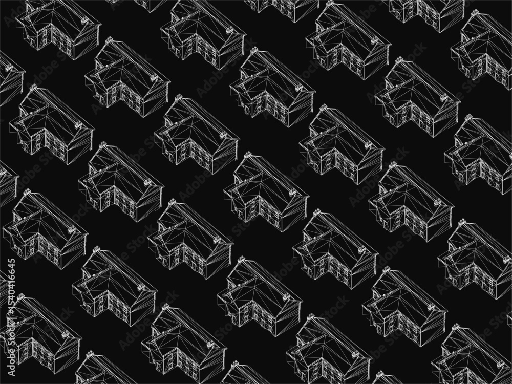 Poster black and white geometric house pattern on a dark background, composed of intricate shapes and clean