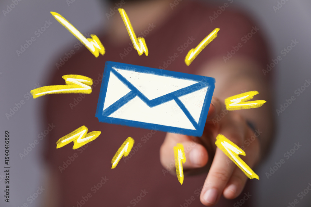 Poster Image of a hand interacting with an email icon, representing digital communication and online messaging.