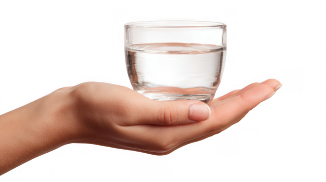 Woman's hand holding a glass of fresh, clear water against a transparent background, representing concepts of health, hydration, and overall wellness for a healthy lifestyle