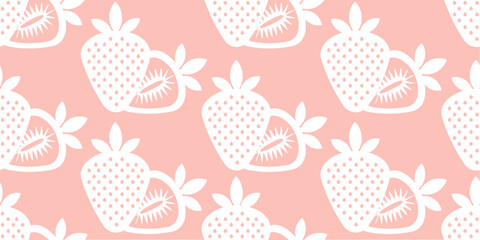 Hand drawn seamless pattern of white strawberries. Stylized berries with seeds and inner details on pastel pink background. Great for textile, packaging, or print.