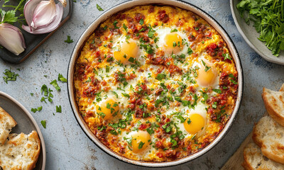 Huevos con Choriqueso - Scrambled eggs with chorizo and melted cheese.