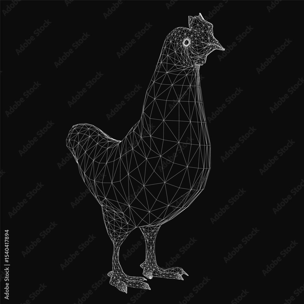 Poster wireframe chicken composed of intricate lines and geometric shapes, showcasing a detailed and modern