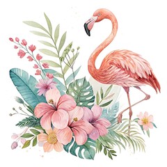 Naklejka premium Tropical Flamingo in Bright Watercolor Design with Florals White Background