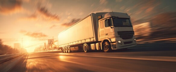 The truck driving fast on a highway during a beautiful sunset.