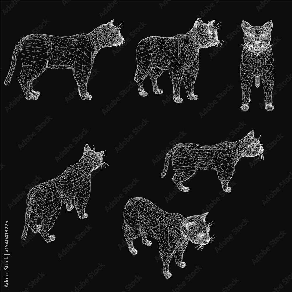 Poster six wireframe cats arranged symmetrically on a black background, each with unique shapes and sizes. 